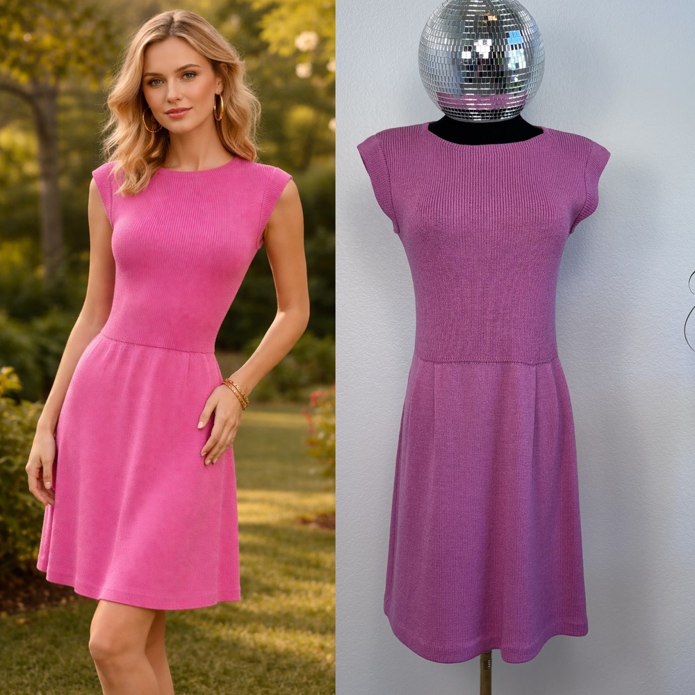 70s Vintage St John by‎ Marie Gray Pink Santana Knit Fit and Flare Dress luxury
